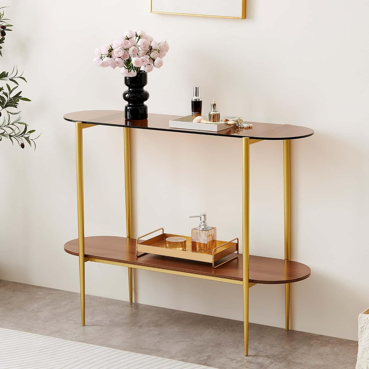 Oval Glass Console Table for Living Room, Foyer & Entrance, 2-Tiers Mid-Century Modern Sofa Table