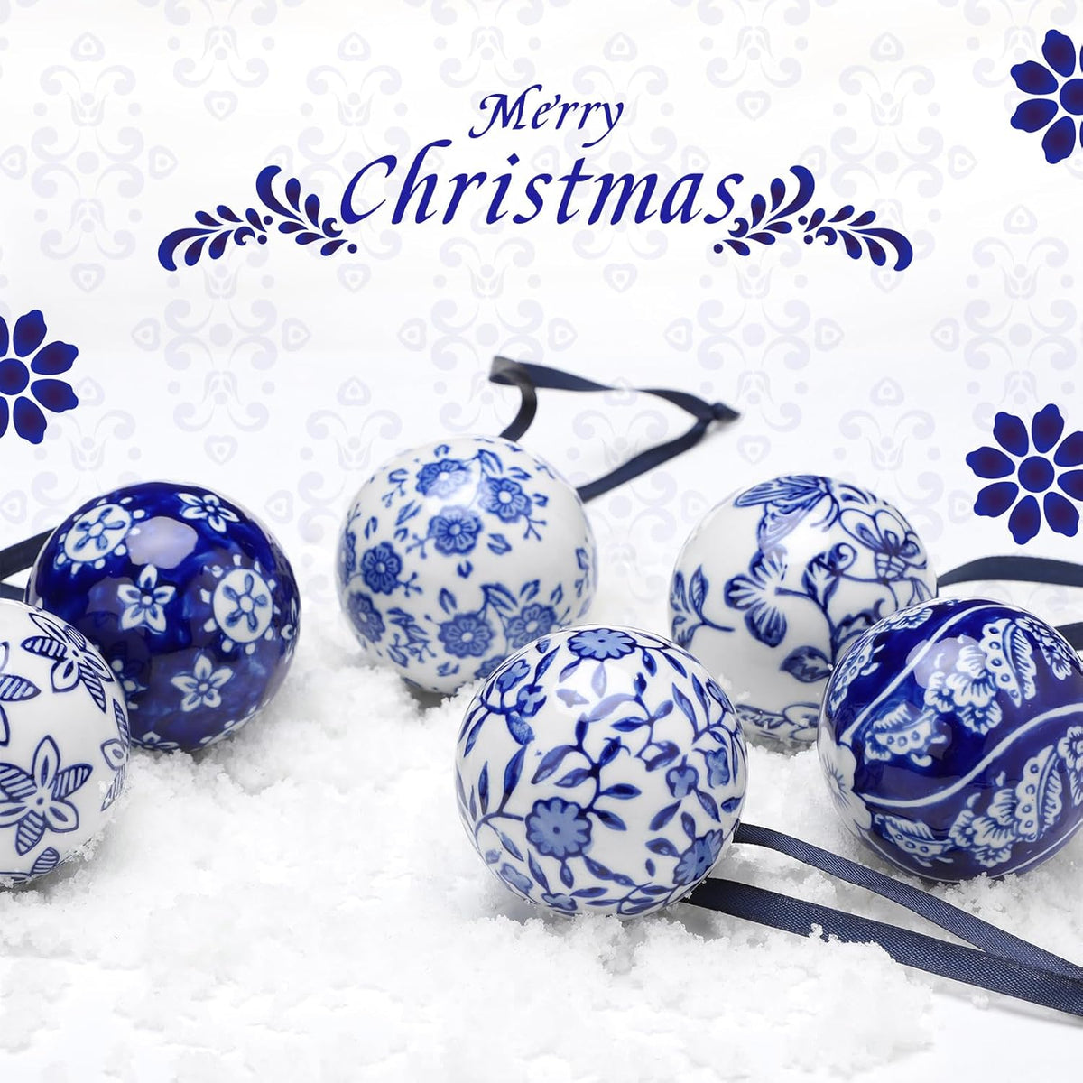 Cindeer 6 Pcs Blue and White Christmas Porcelain Balls 2.4 Inch Porcelain Chinoiserie Ornament Bulk
