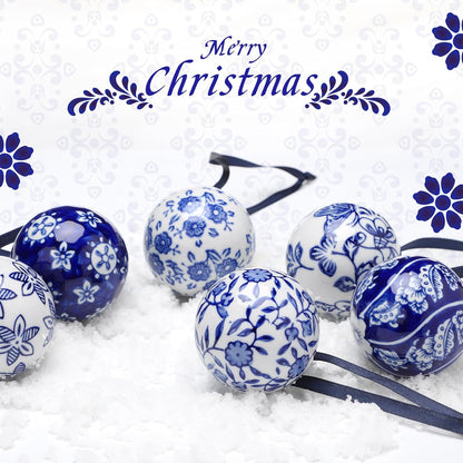 Cindeer 6 Pcs Blue and White Christmas Porcelain Balls 2.4 Inch Porcelain Chinoiserie Ornament Bulk