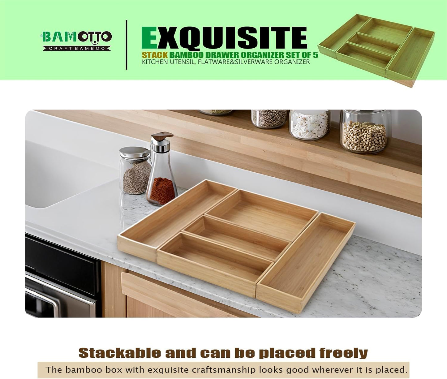 Stack Bamboo Drawer Organizer Set of 5, Kitchen Utensil, Flatware&Silverware Organizer-Wood