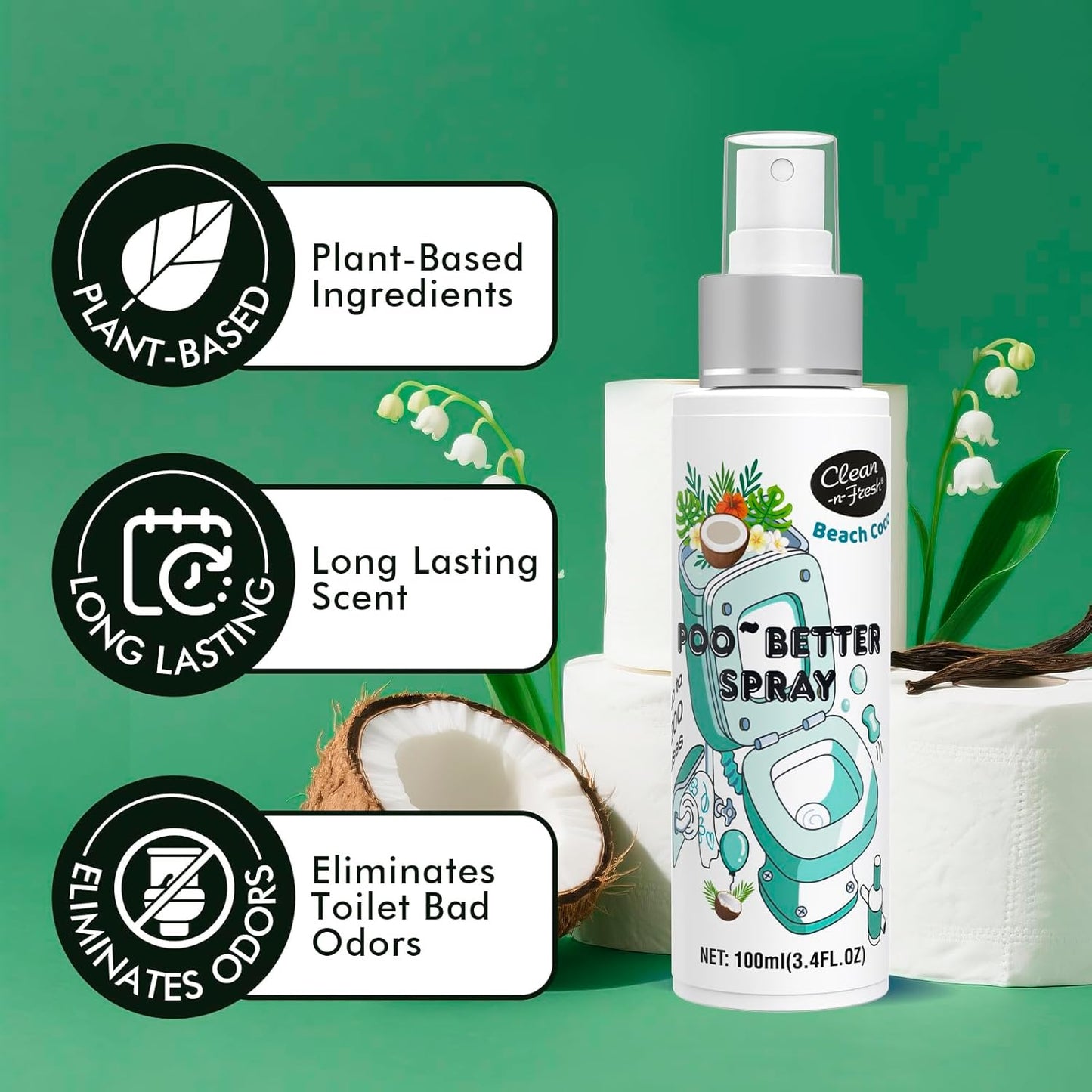 Clean-n-Fresh Toilet Spray 6.8 Fl.Oz, Poop Spray Beach Coco, Bathroom Air Fresheners Spray, Long