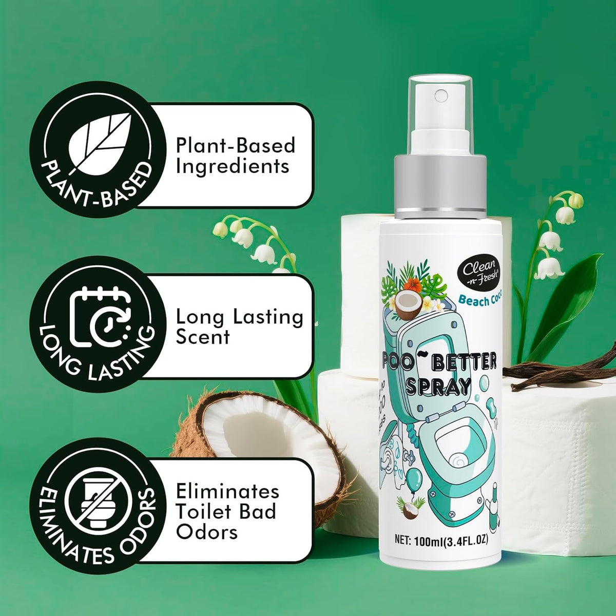 Clean-n-Fresh Toilet Spray 6.8 Fl.Oz, Poop Spray Beach Coco, Bathroom Air Fresheners Spray, Long