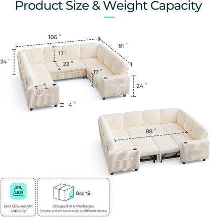 LINSY HOME Sectional Sleeper Sofa with Pull Out Couch Bed - Convertible Plush Corduroy Cloud Couch