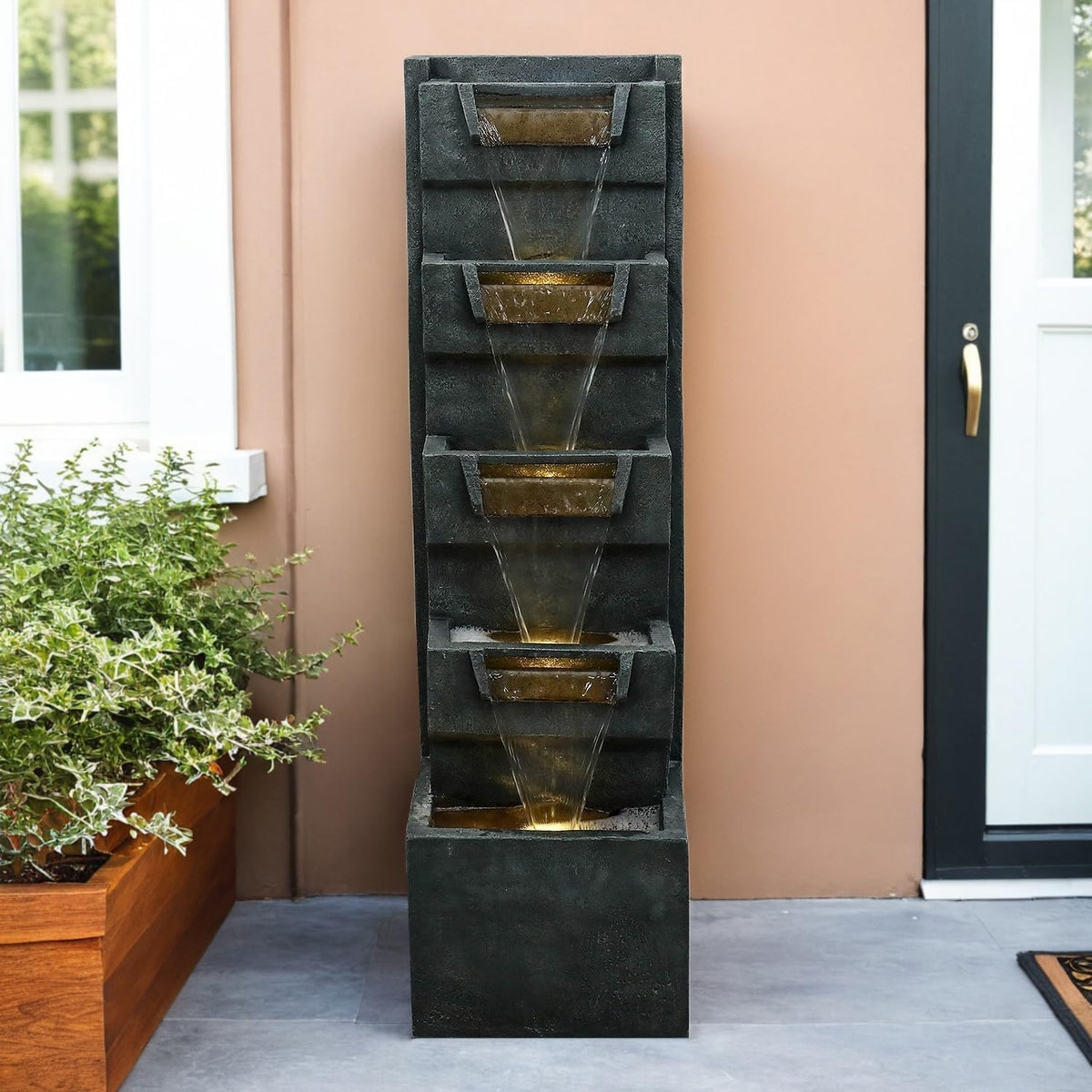 39.3" H Modern Water Fountain 5-Tier Outdoor Garden - Water Fountain w/LED Lights Cascading
