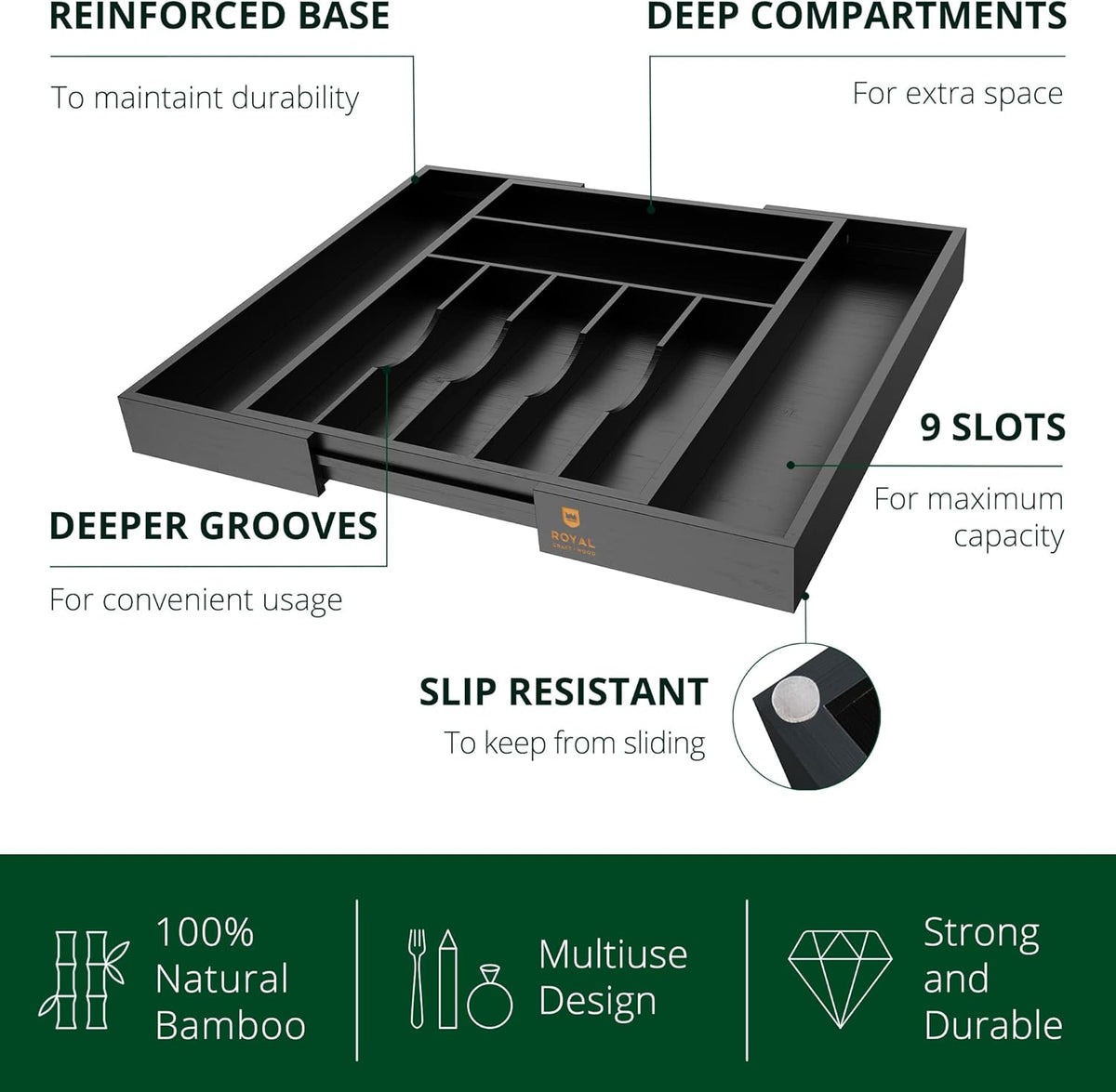 ROYAL CRAFT WOOD Luxury Bamboo Kitchen Drawer Organizer - Silverware Organizer - Utensil Holder and