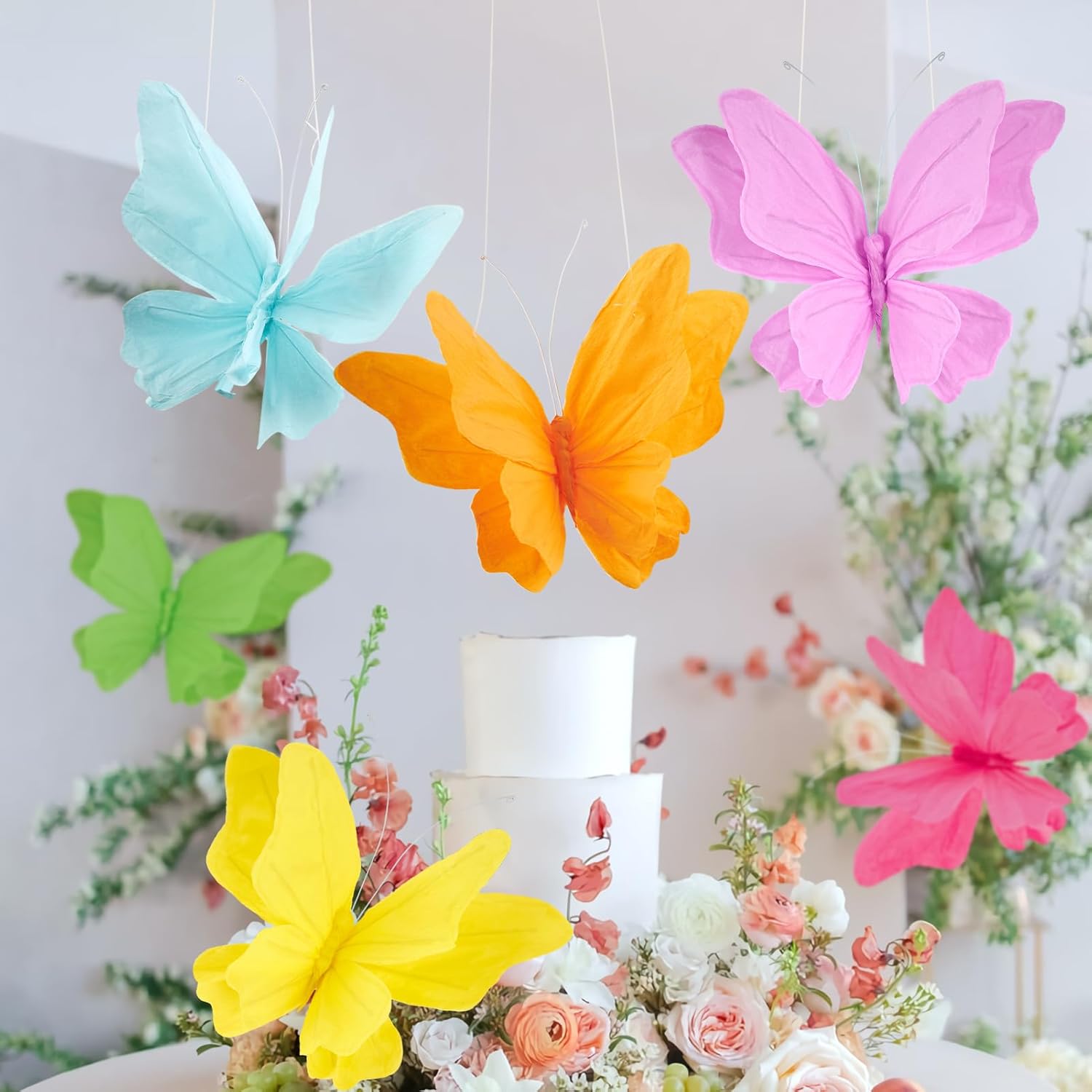 SUNBEAUTY 6Pcs Hanging Butterflies, Large Butterfly Decorations, 3D Paper Decoration, Pink Green