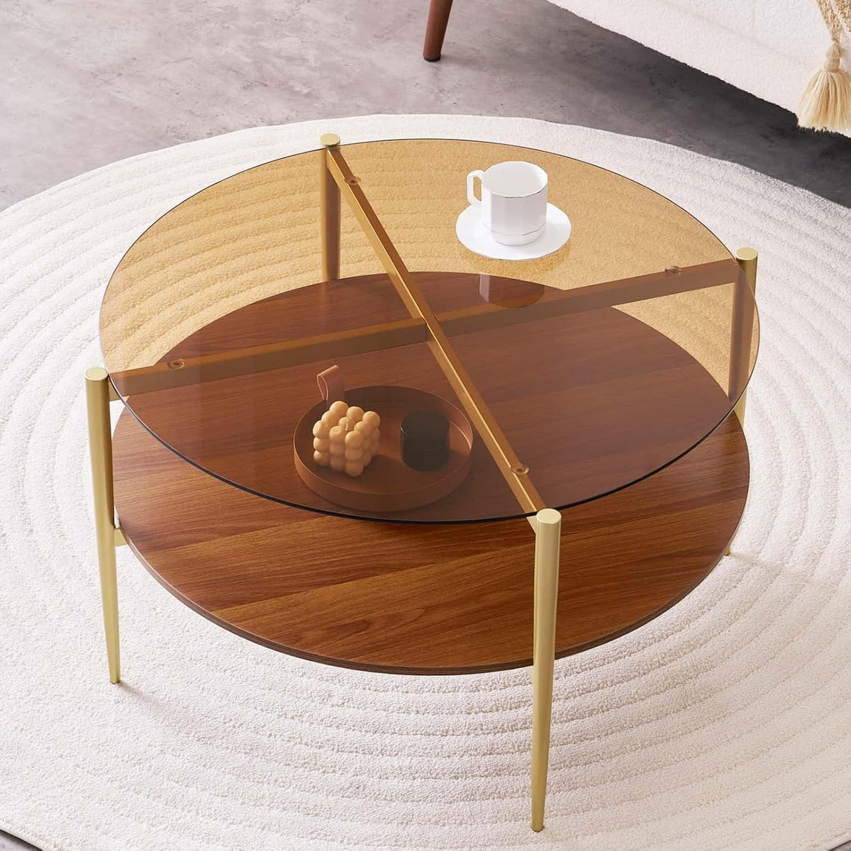 Round Coffee Table, Mid-Century Modern Design, D30 x H17, for Living Room, 2-Tier Structure, Amber