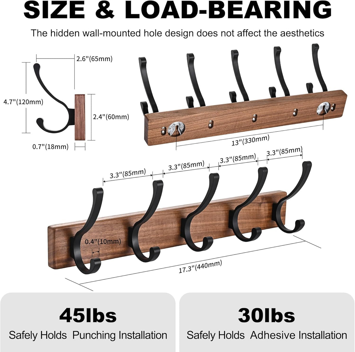 2 Pack 17.3" Small Wooden Coat Rack Wall Mounted with 5 Hooks, Entryway Wall Hooks Coat Hanger for