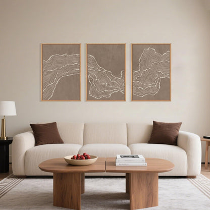 Geometric White Tan Wave Framed Canvas Wall Art Set, Abstract Line Art Painting, Modern Minimalism