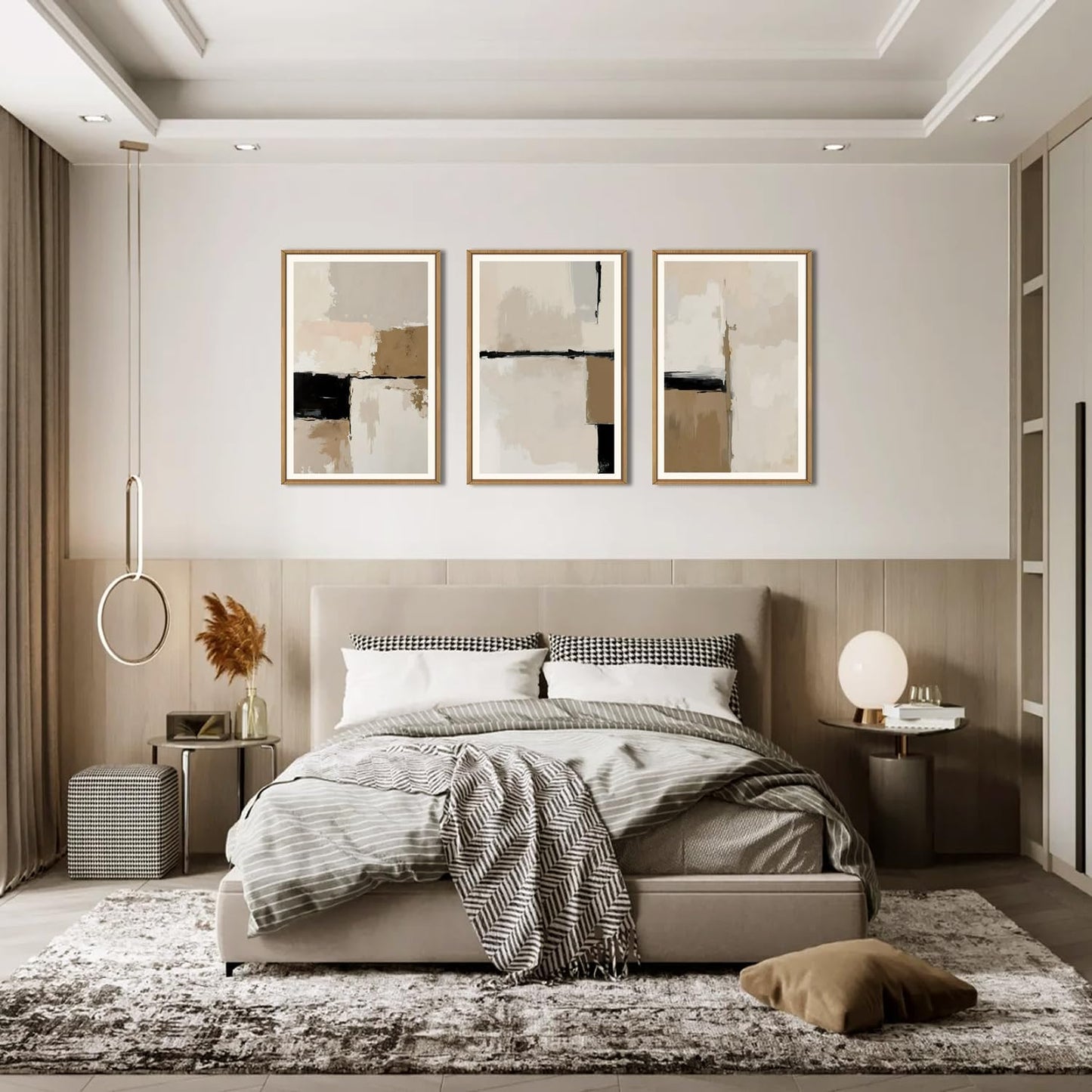 HPINUB Large Modern Abstract Framed Canvas Wall Art Set,Geometric Line Black White and Beige