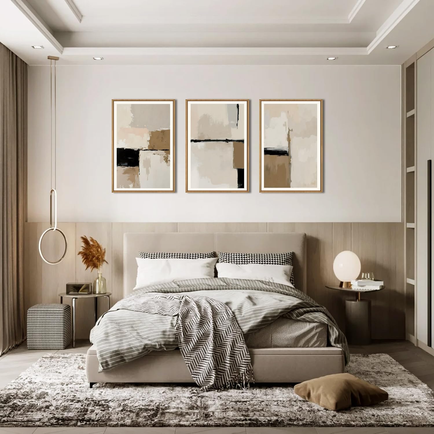 HPINUB Large Modern Abstract Framed Canvas Wall Art Set,Geometric Line Black White and Beige