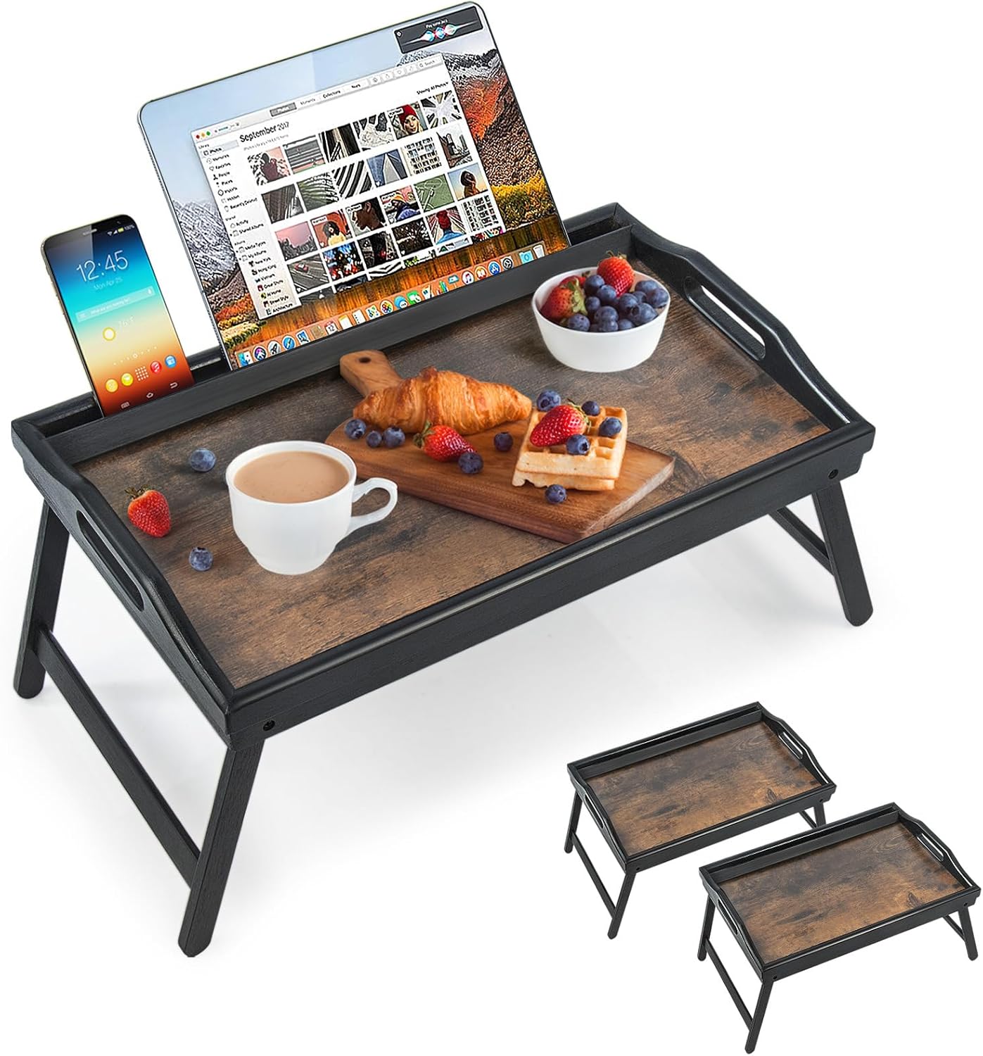 2 Pack Bed Tray Table Breakfast Trays Serving Tray Bamboo Bed Laptap Floding Legs with Handles and