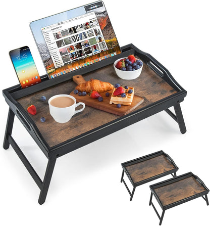 2 Pack Bed Tray Table Breakfast Trays Serving Tray Bamboo Bed Laptap Floding Legs with Handles and