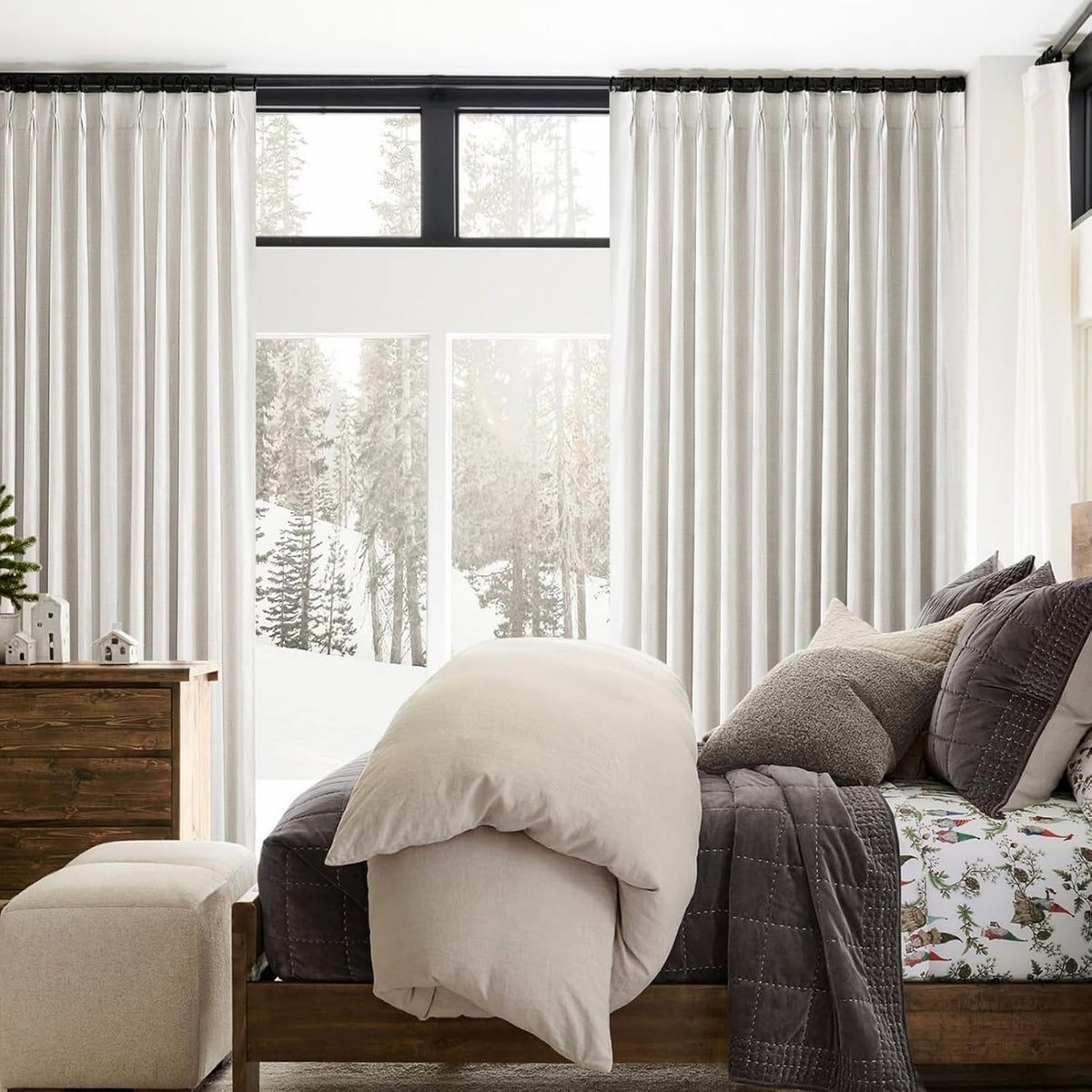 92 Inch Pinch Pleat Living Room Thermal Curtains for Winter, Blackout Thick Linen Boho Curtain for