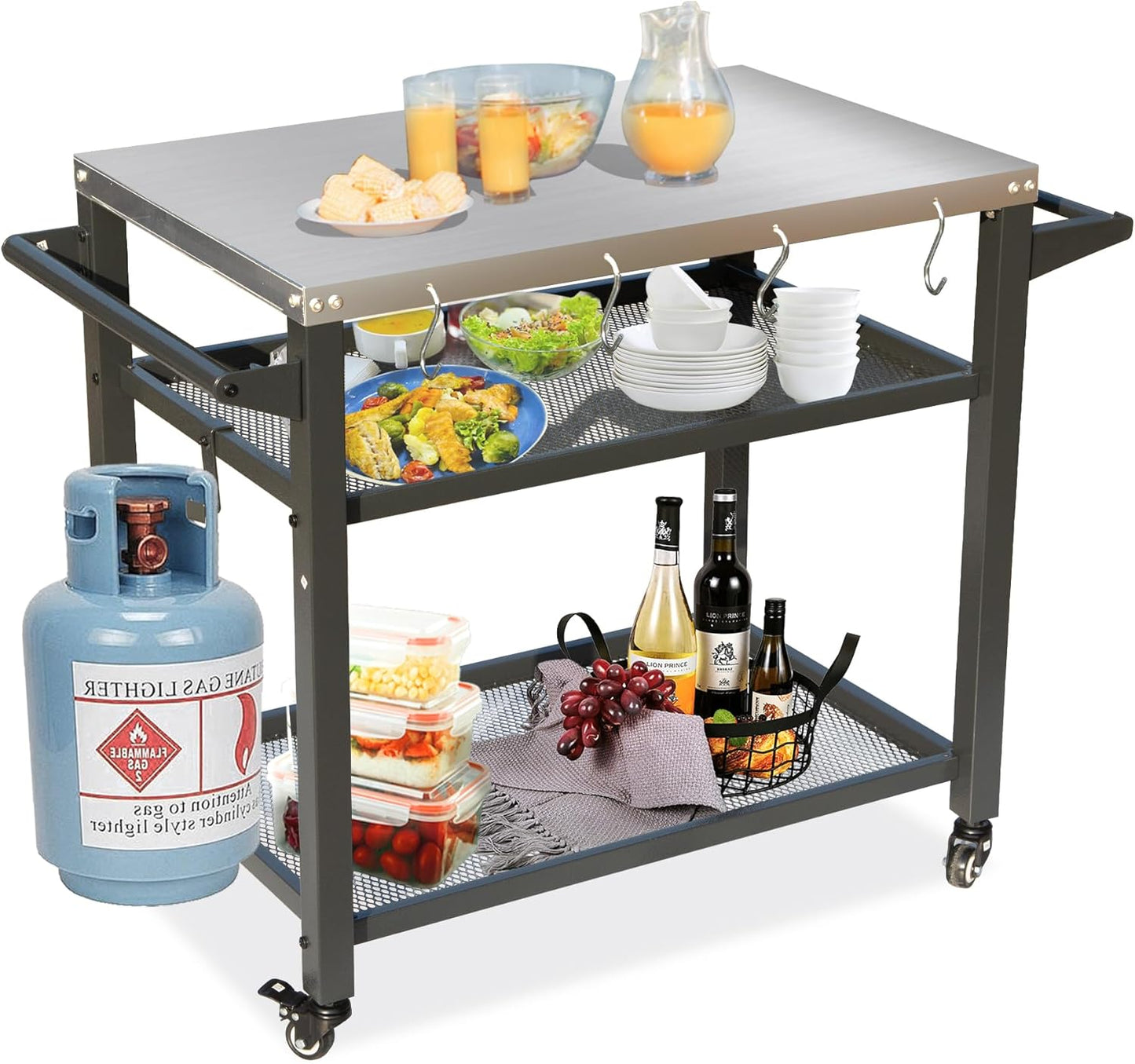 Domi 3-Shelf Outdoor Grill Table, Grill Cart with Wheels, Outdoor Pizza Oven and Food Prep Table