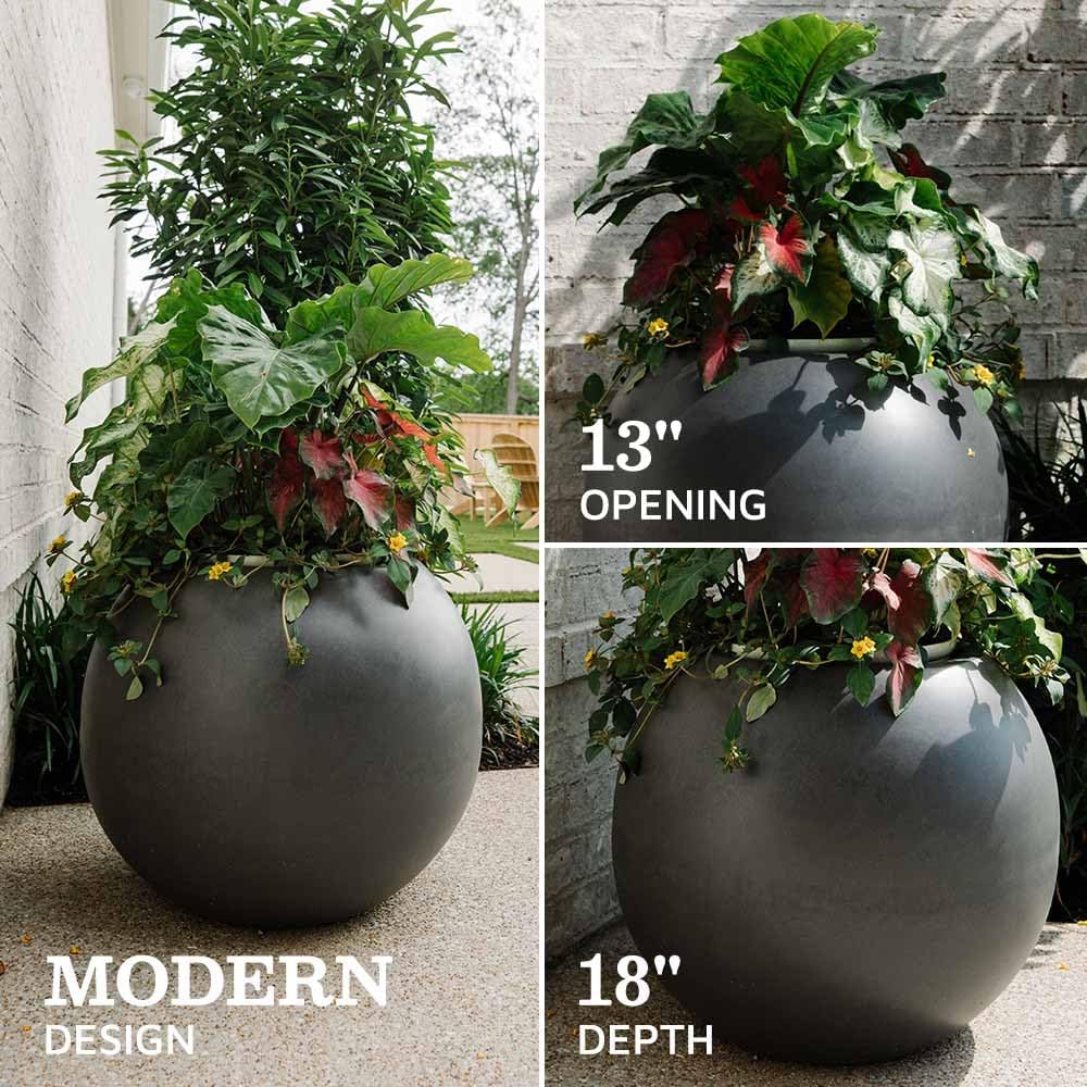 Ash & Ember Onyx 24" D Ceramic Indoor Outdoor Round Sphere Planter, Charcoal, Home Décor Evergreen