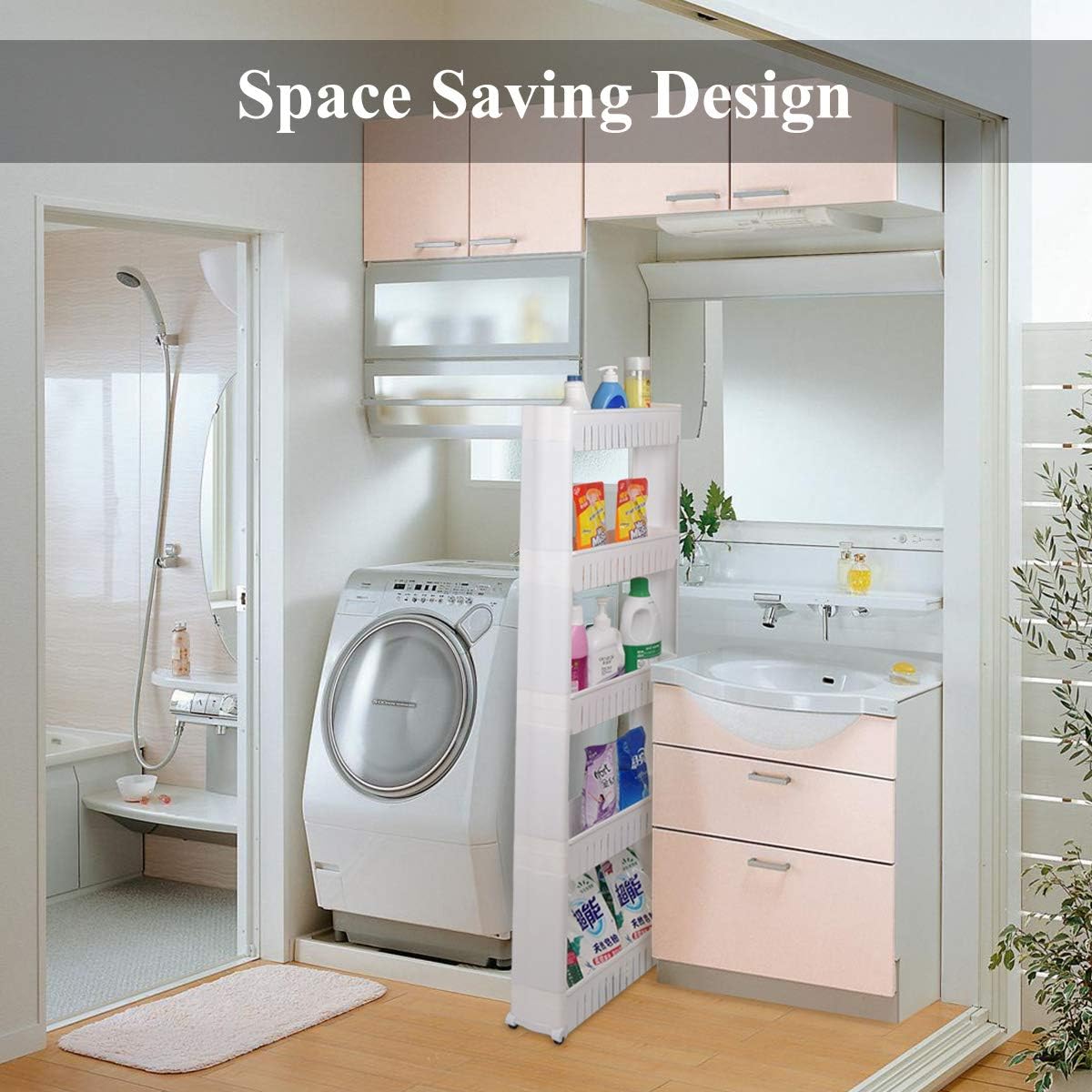 Laundry Room Organizer, Mobile Shelving Unit Organizer with 5 Large Storage Baskets, Gap Storage