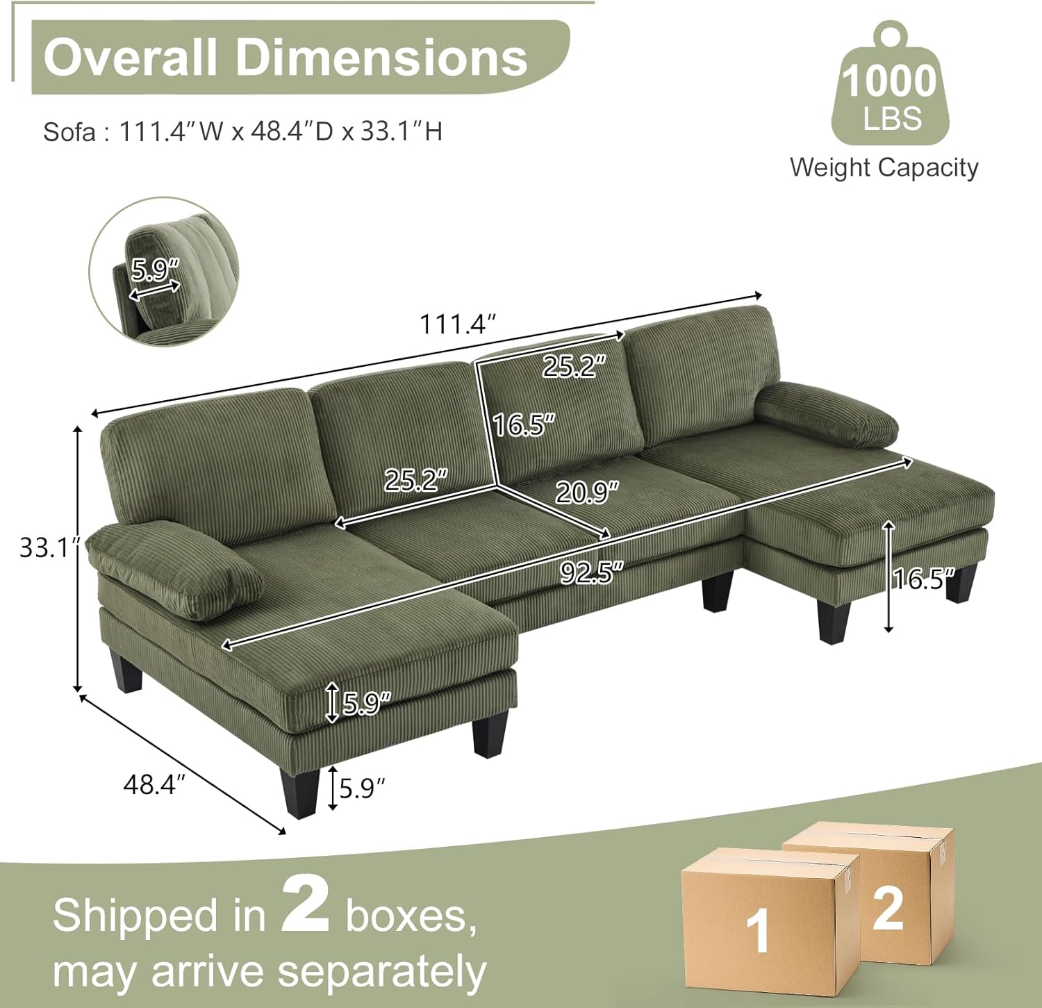 Karl home U-Shape Sectional Sofa Couch 111" Modern 4-Seat Sofa with Chaises Corduroy Fabric