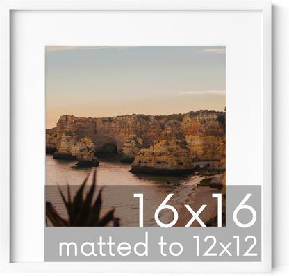 HAUS AND HUES 16x16 White Metal Picture Frame Matted to 12x12 - Features Premium Aluminum & Hanging