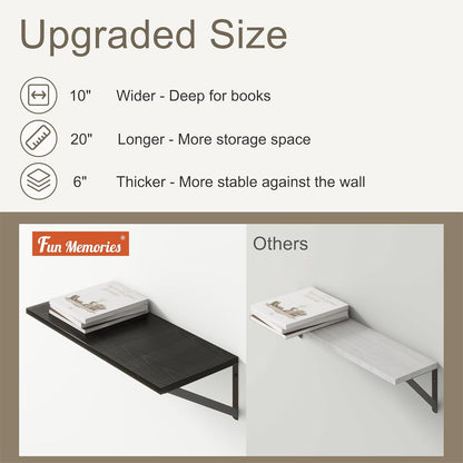 Fun Memories 20 Inch Floating Shelves for Wall, Black Bathroom Shelves Set of 2, 10 Inch Deep Wall