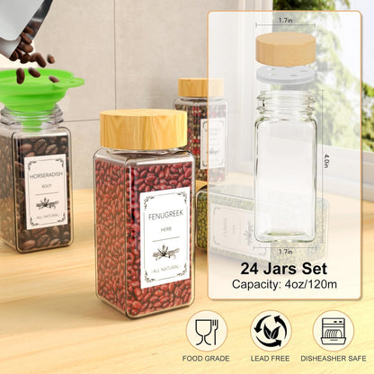 24 Spice Jars with Spice Drawer Organizer, 355 Spice Labels, 4 Pack Expandable From 11'' to 21''