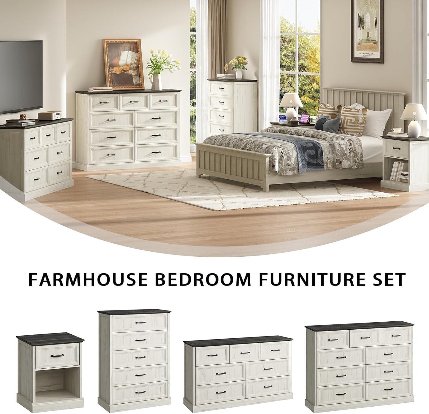 Farmhouse 9 Drawer Dresser for Bedroom, 55 Inch Wide Modern White Dresser TV Stand with Large