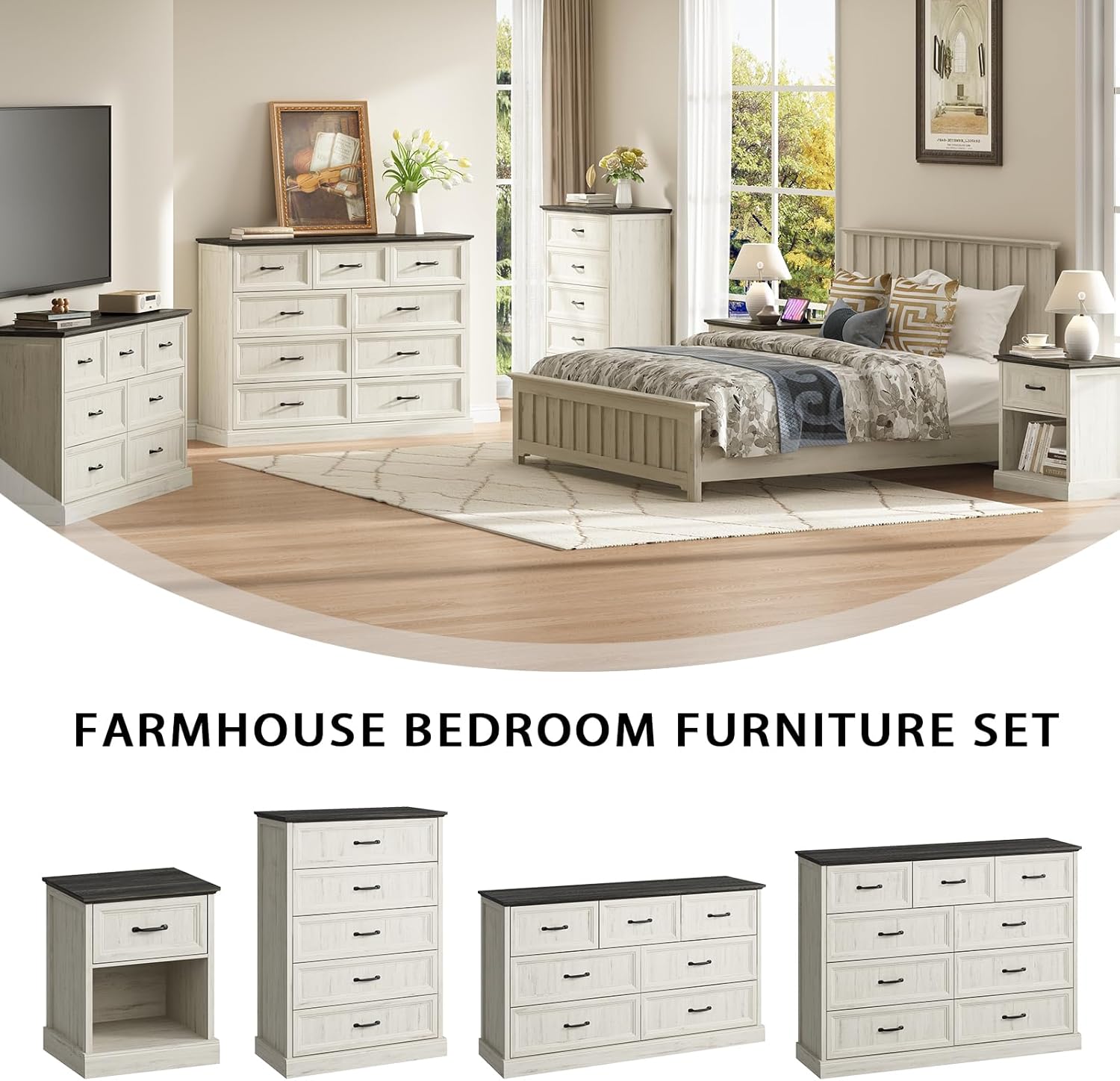 Farmhouse 9 Drawer Dresser for Bedroom, 55 Inch Wide Modern White Dresser TV Stand with Large