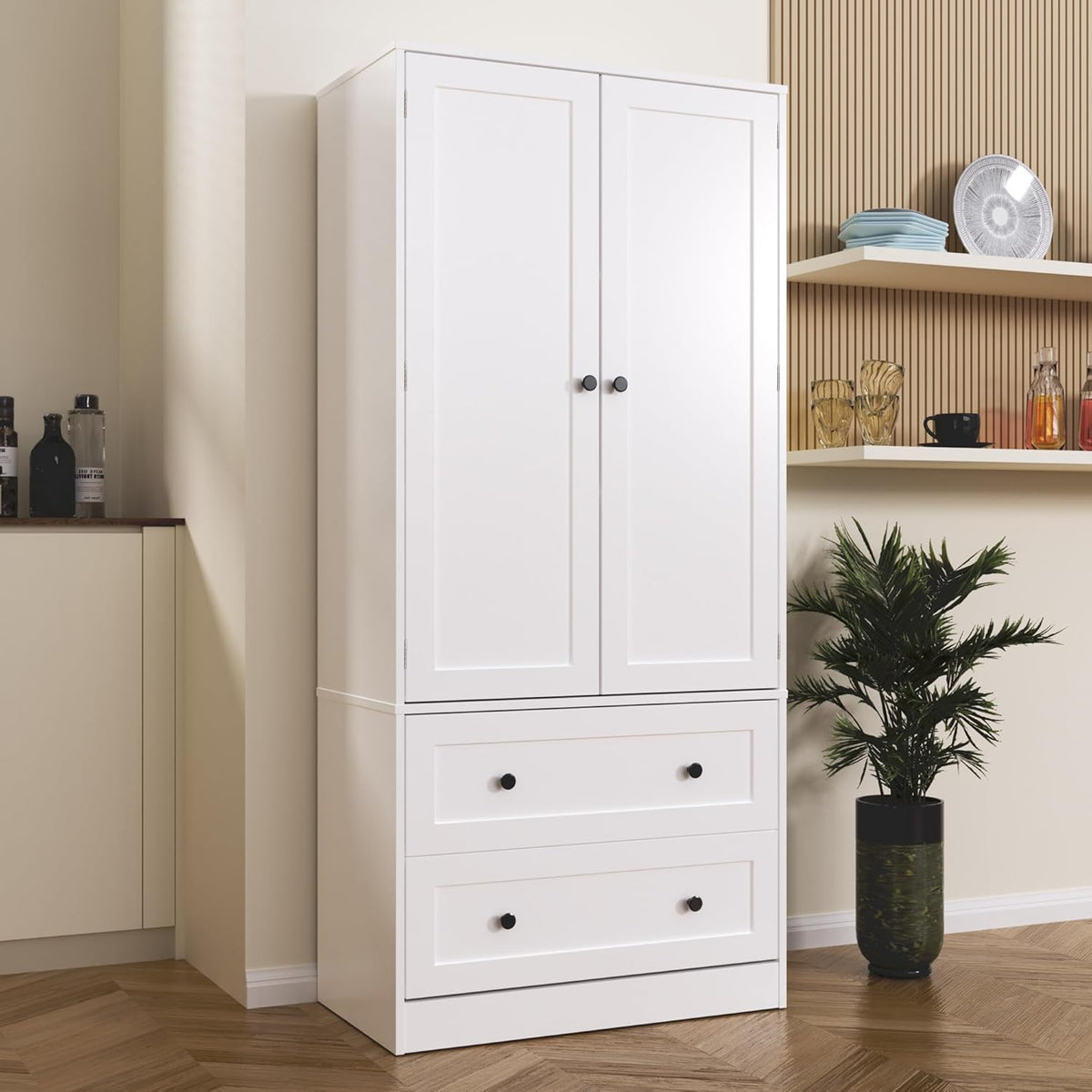 64.2" Tall White Kitchen Pantry, Storage Cabinet with Doors and Drawers, Freestanding Wooden