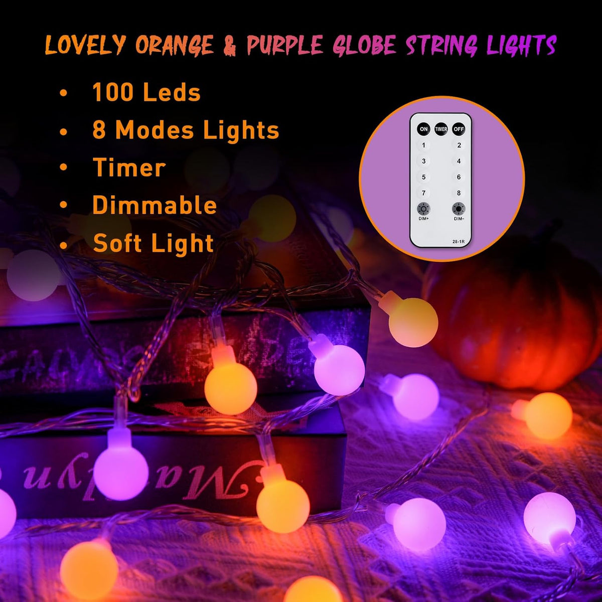 JMEXSUSS 100 LED Orange and Purple Halloween Lights Indoor, Connectable Globe String Lights Plug in