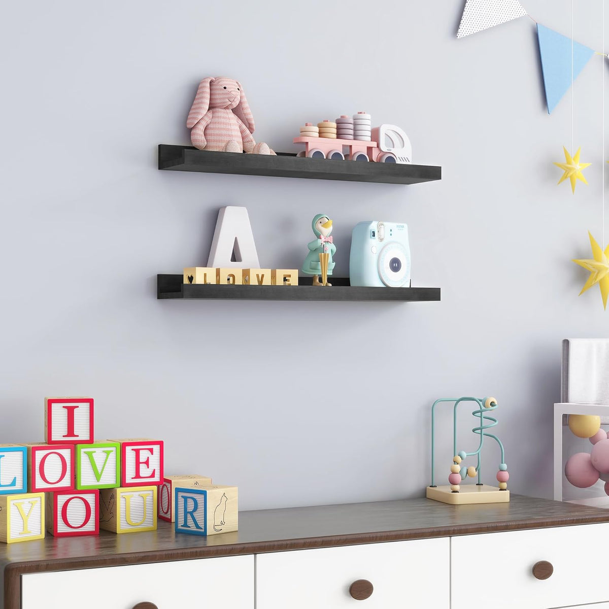 Picture Ledge Shelf for Wall, 24 inch Solid Pine Wood Nursery Book Shelves 2 Packs, Floating Ledge