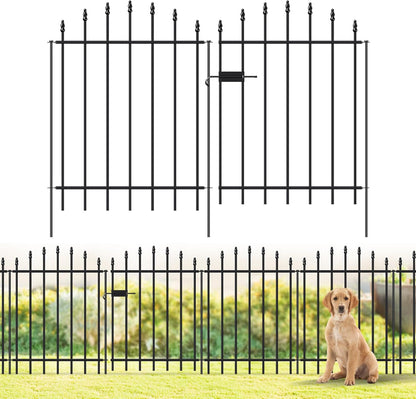 Metal Garden Fence with Gate 32 in H x 12 ft L, 1 Gate + 5 Panels Border Dog Fence Panels Animal