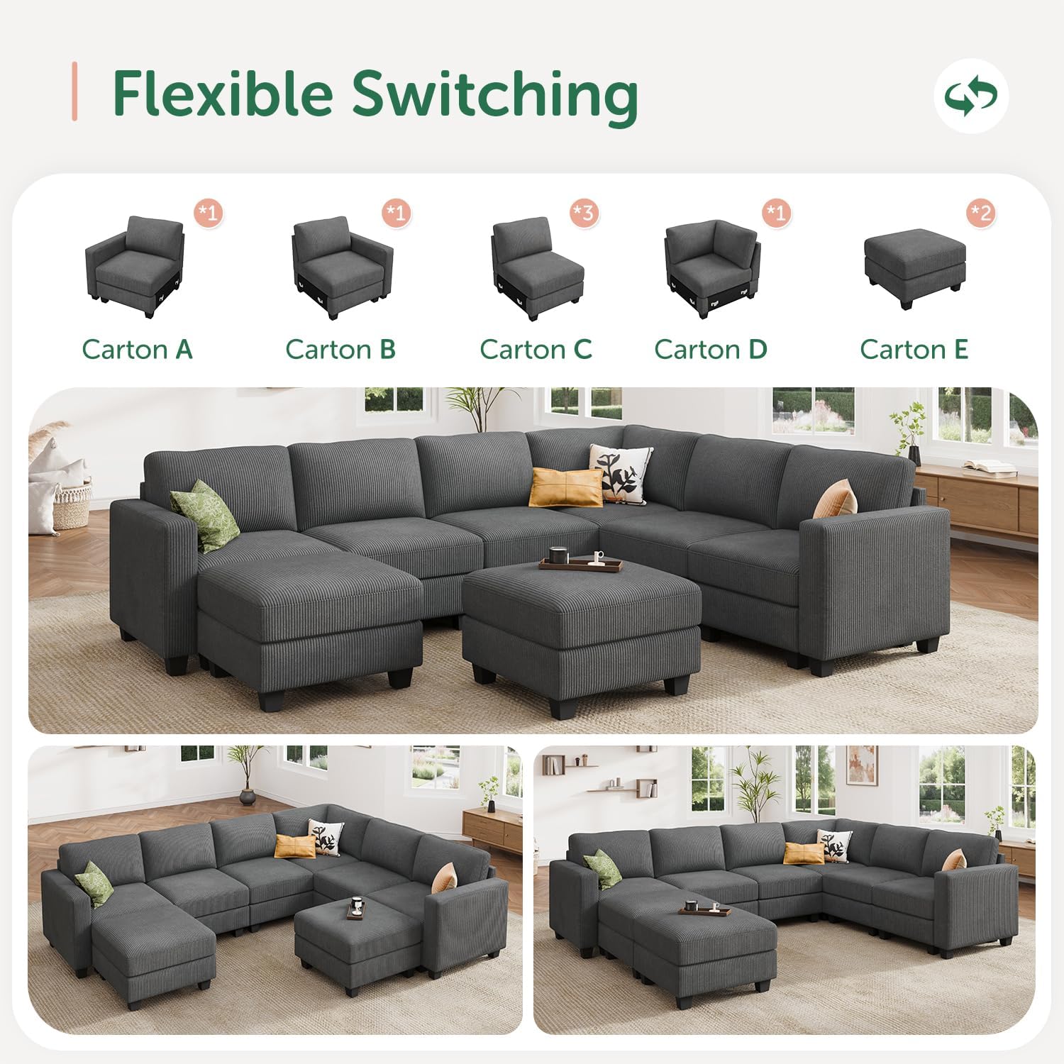 HONBAY Corduroy Sectional Couch with Storage U Shaped Sectional Sofa Modular Sectional Couches for