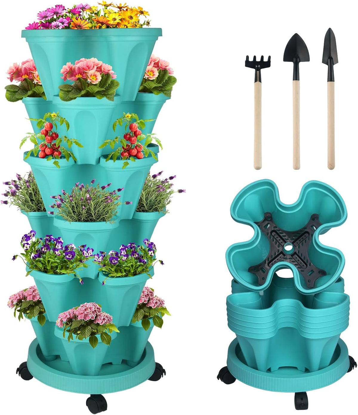 DUNCHATY Stackable Planter, Vertical Garden Planter with Wheels and Tools, Self Watering Strawberry