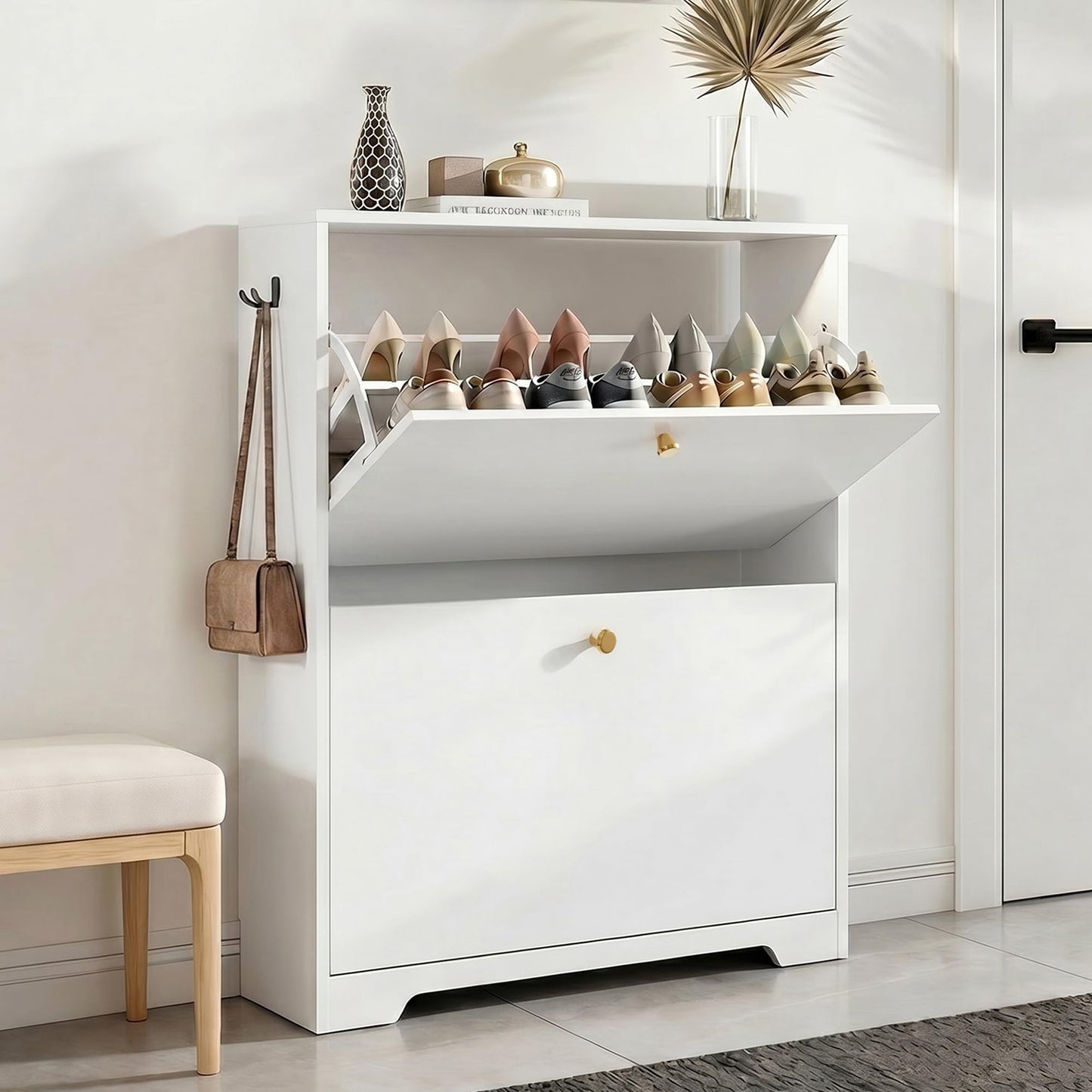 Nicetree Shoe Cabinet with 2 Flip Drawers, Modern Entryway Organizer, White