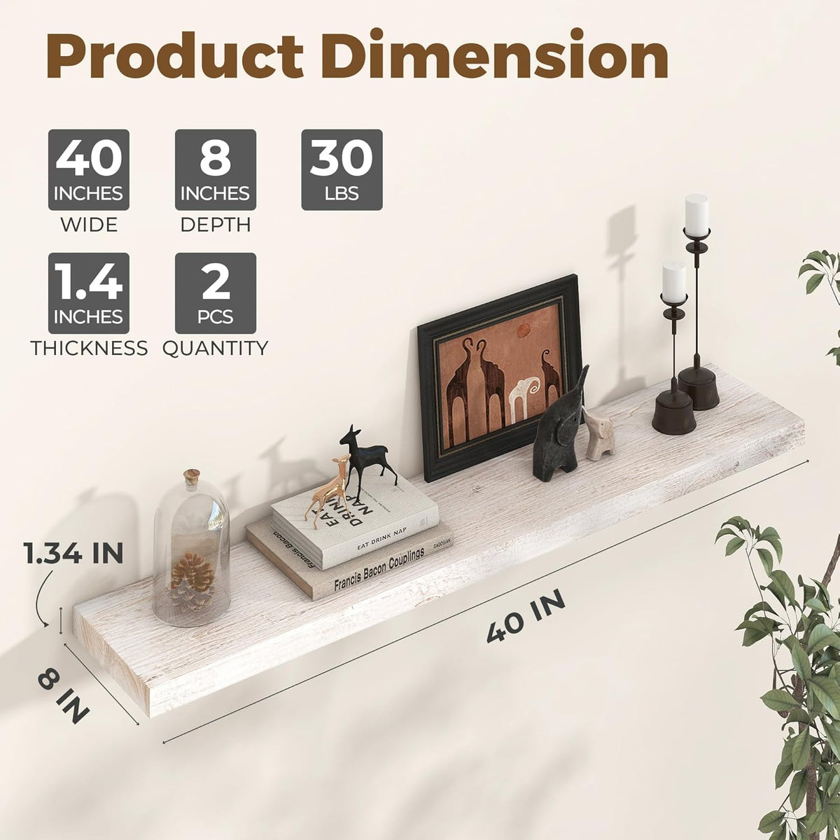 Axeman Floating Shelves for Wall - 40''W x 8'' D Rustic Solid Elm Wood Shelves for Storage, Wall