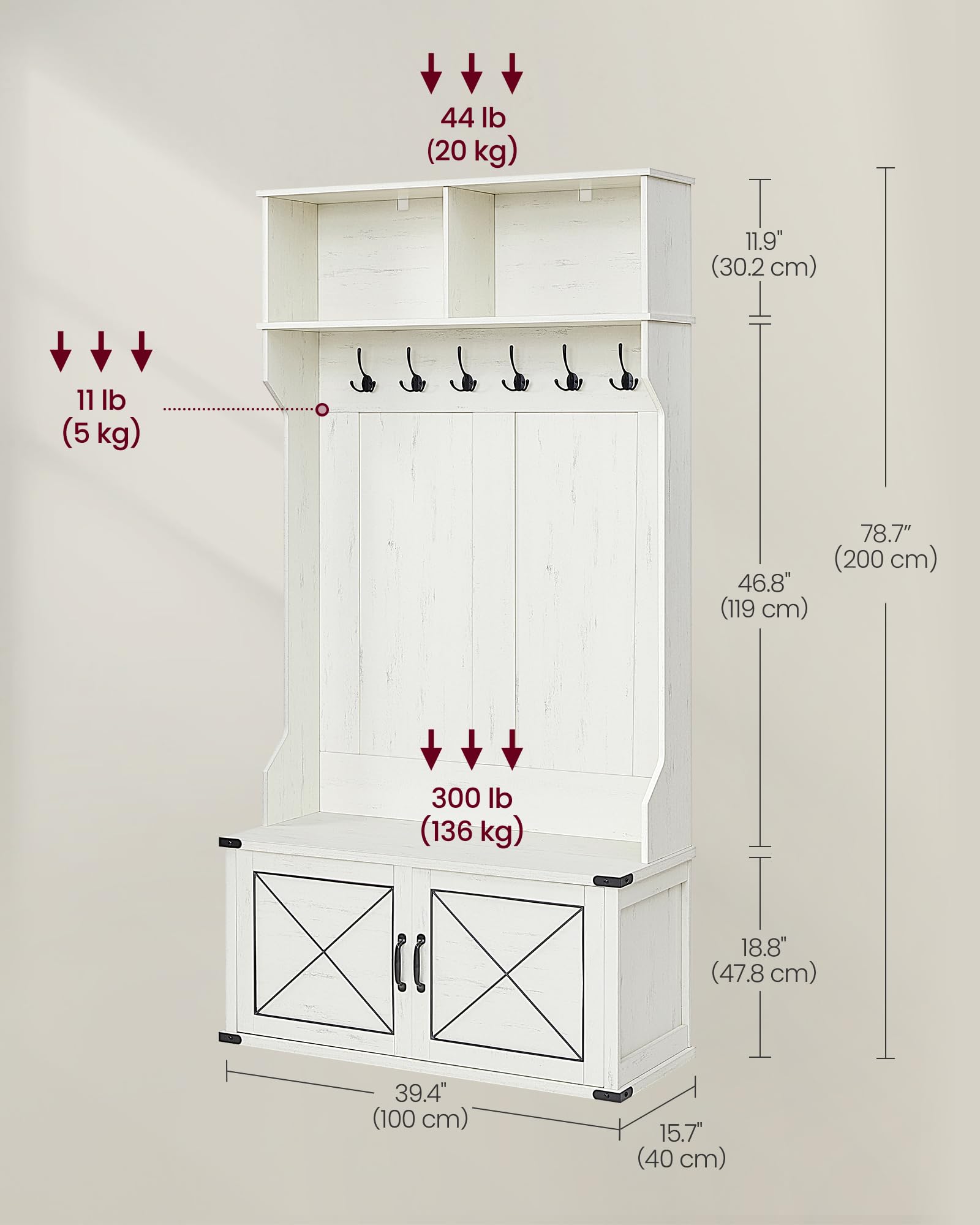 VASAGLE Hall Tree with Bench and Shoe Storage, Coat Rack with Shoe Bench, Shoe Cabinet, 2 Open