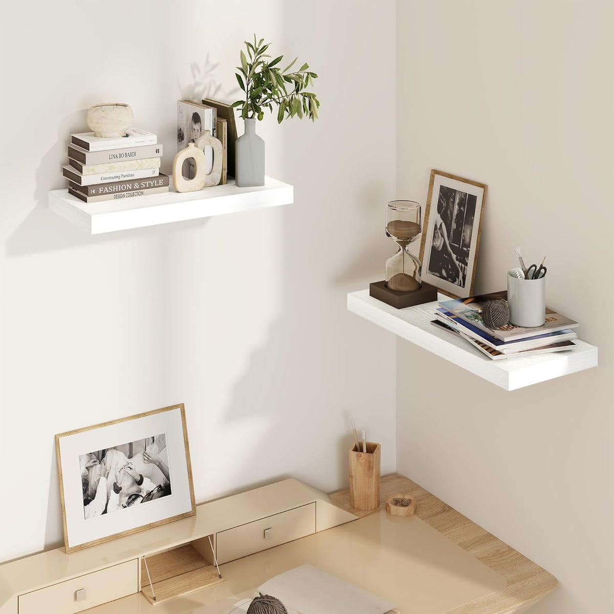 Fun Memories White Floating Shelves 16 Inch Long, 8 Deep Floating Shelf Wall Mounted, 16 x 8 Inch