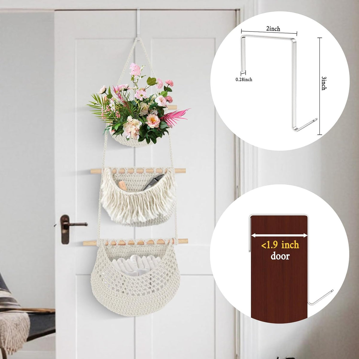 Hanging Baskets for Organizing, 3 Tier Detachable Wall Hanging Fruit Basket Over the Door Organizer