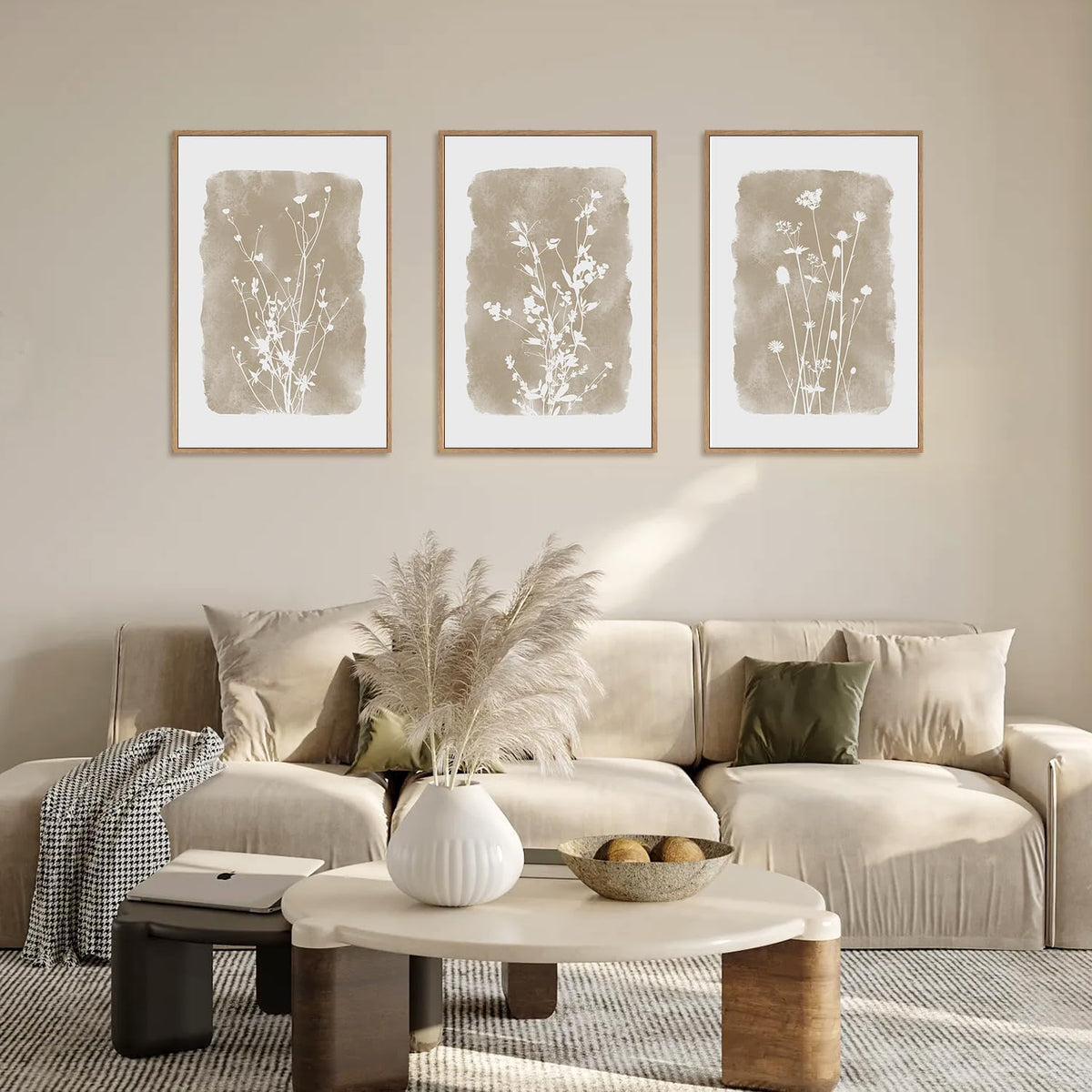 HPINUB Large Boho Wildflowers Canvas Framed Wall Art Set,Minimalist Vintage Flower Wall Decor,Beige
