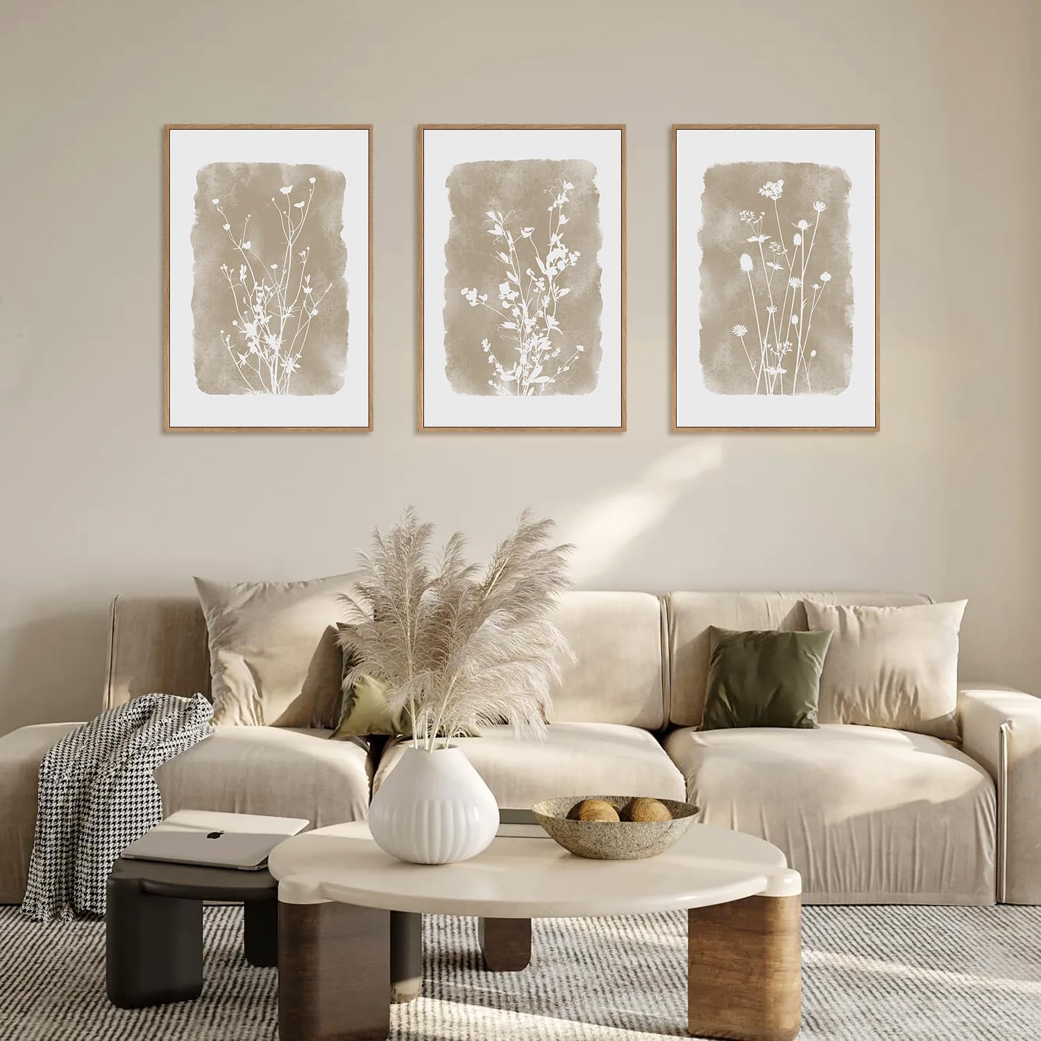 HPINUB Large Boho Wildflowers Canvas Framed Wall Art Set,Minimalist Vintage Flower Wall Decor,Beige