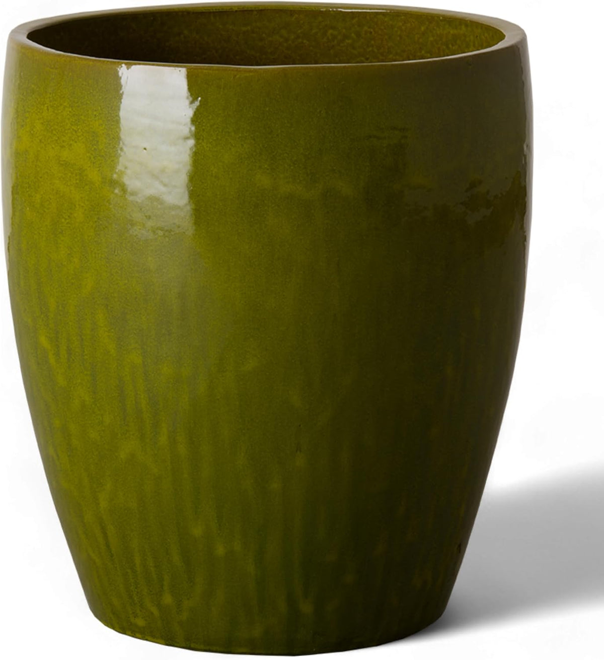 Emissary Bullet 18 in. Green Ceramic Round Planter (18 in. L x 18 in. W x 21 in. H) with Drainage