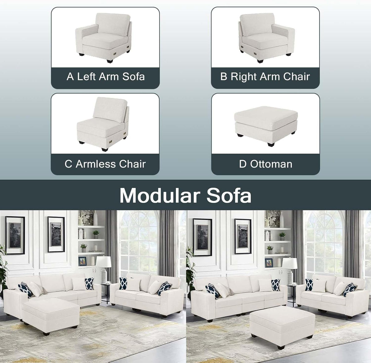 L Lengend Vansen Modular Sectional Sofa U Shaped Couch with Ottoman Modern Reversible Corner