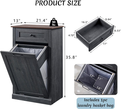 Tilt Out Laundry Hamper Cabinet, 10 Gallon Farmhouse Trash Can Cabinet with Drawer, Hidden Wood
