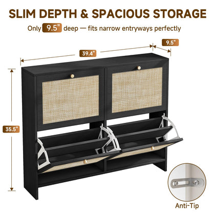 Nicetree Shoe Cabinet Storage for Entryway, 4-Flip Drawer Narrow Shoe Rack, Organic Modern Rattan