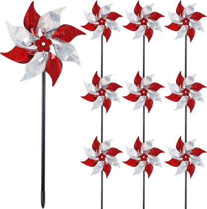 Hausse 10 Pack Reflective Pinwheels, Extra Sparkly Wind Sculptures for Garden Christmas Holiday