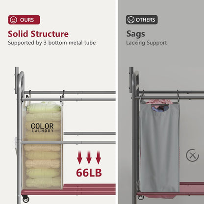 Tajsoon Laundry Hamper with Hanging Rack, 3 Section Laundry Sorter with Heavy Duty Lockable Wheels