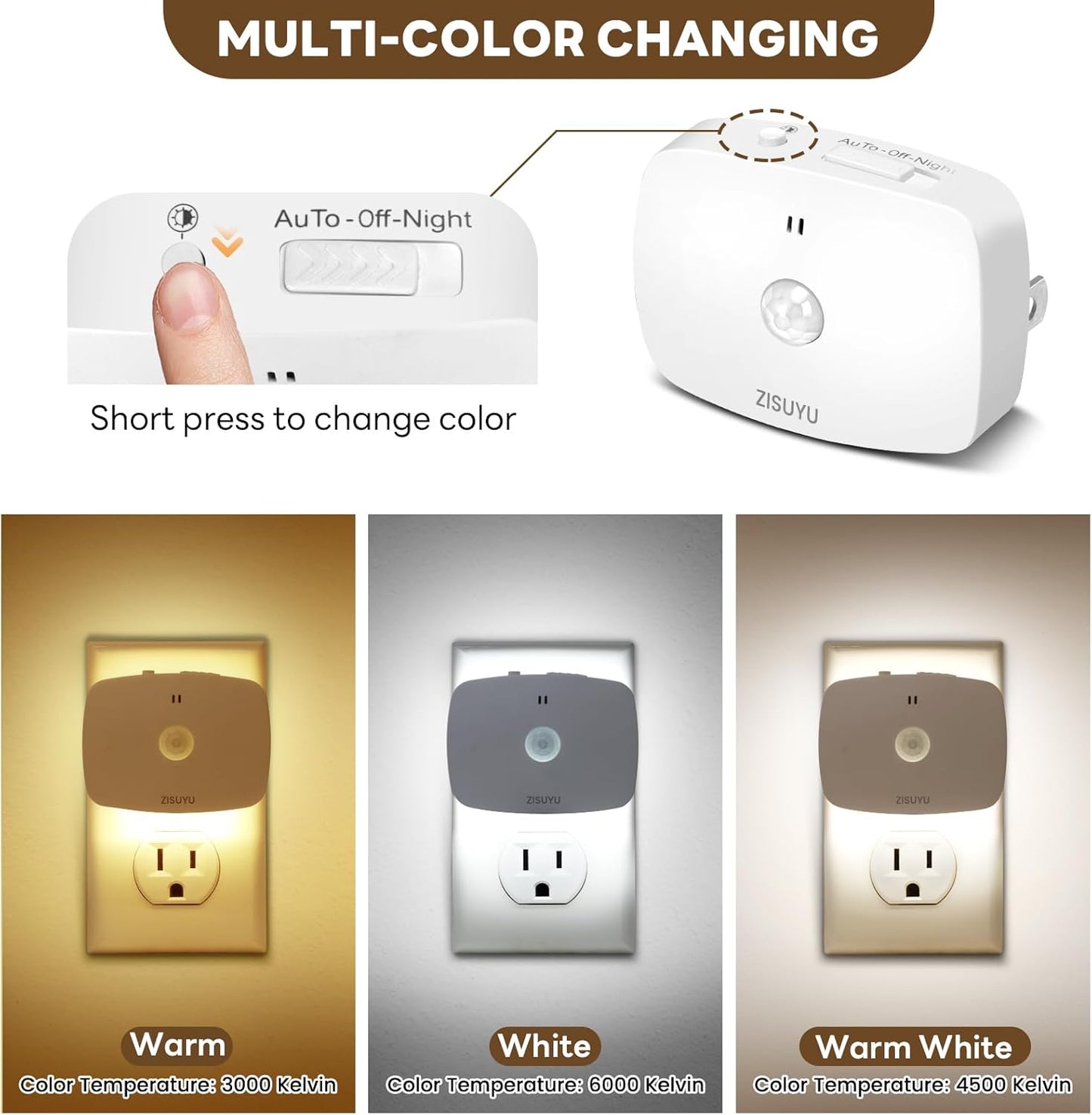 ZISUYU Plug-in LED Backlit Night Light with Motion Sensor & Dusk to Dawn Sensor, 10-60lm Dimmable