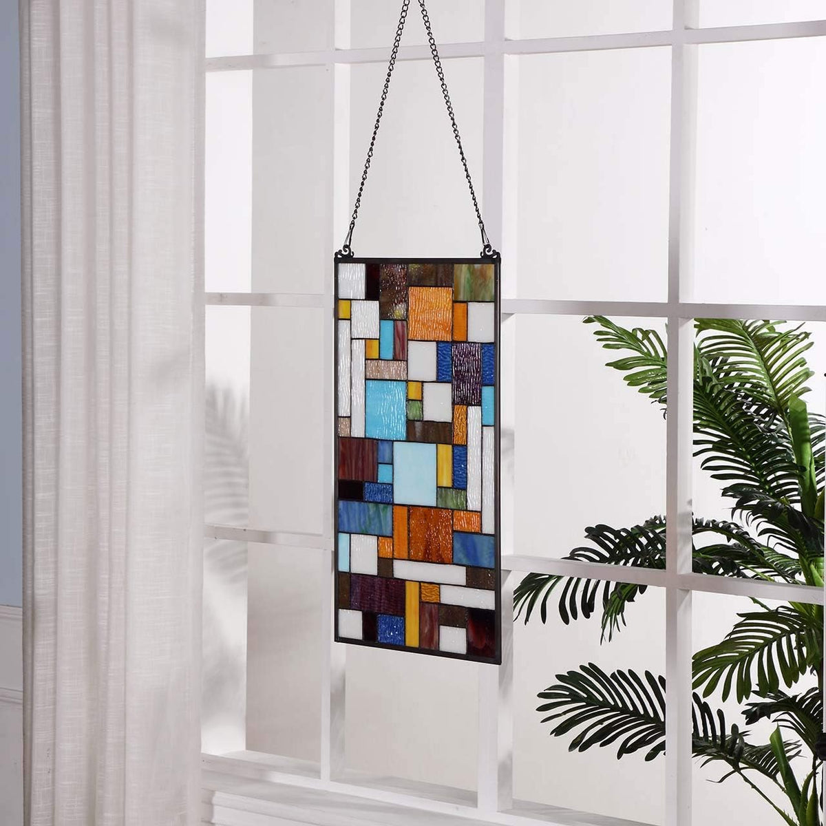 Bieye Geometric Color Block Tiffany Style Stained Glass Window Panel with Hanging Chain (13x24