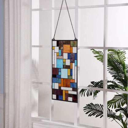 Bieye Geometric Color Block Tiffany Style Stained Glass Window Panel with Hanging Chain (13x24