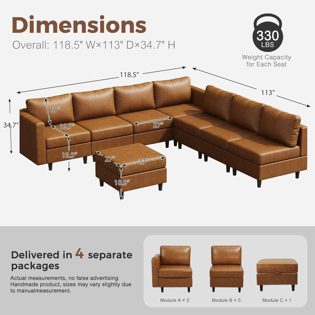 118.5" Faux Leather Modular Sectional Convertible Sofa, L Shaped Couch Set for Living Room, Large